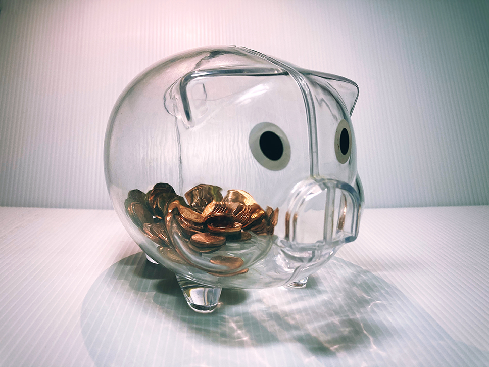 Transparent piggy bank has money inside.